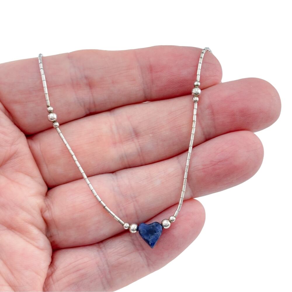 Vintage Sterling Silver 925 Lapis Lazuli Heart Pendant 15"